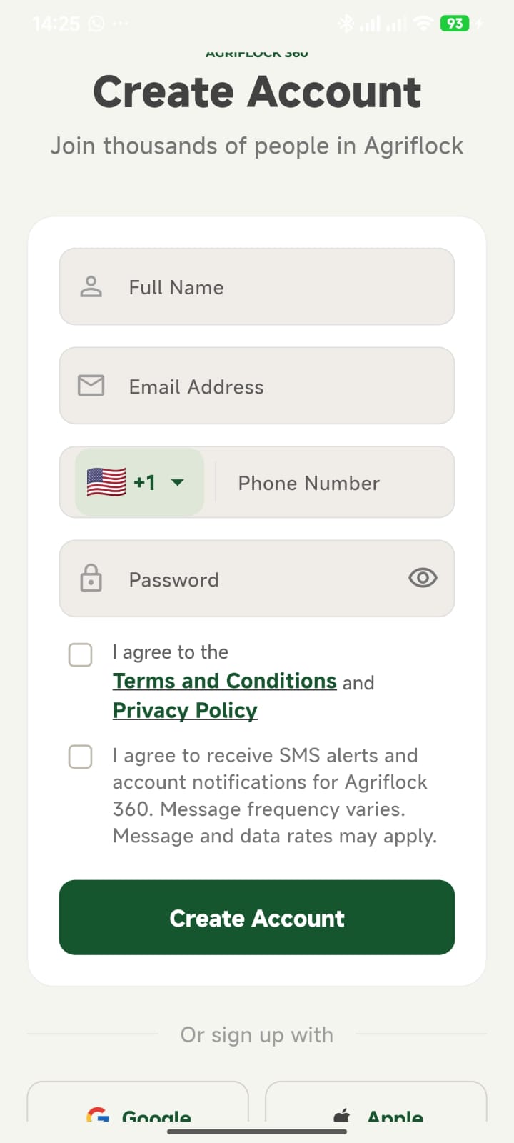 AgriFlock 360 registration screen with separate unchecked boxes for accepting policies and receiving SMS alerts; SMS wording explains variable frequency and possible message and data rates.
